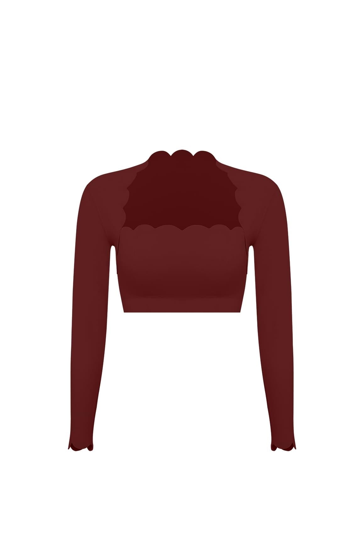 Scallop Cropped Long Sleeve Top - WISKIIWS302mulledwineS