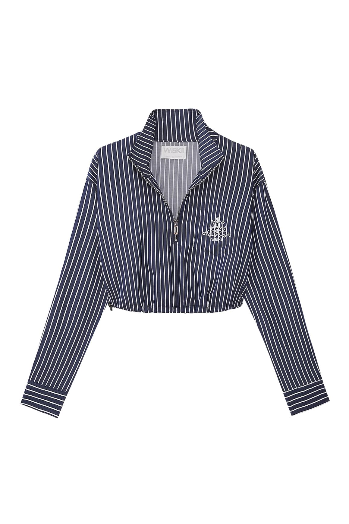 Stripe Half-Zip Crop Shirt - WISKII - Shirts & Tops