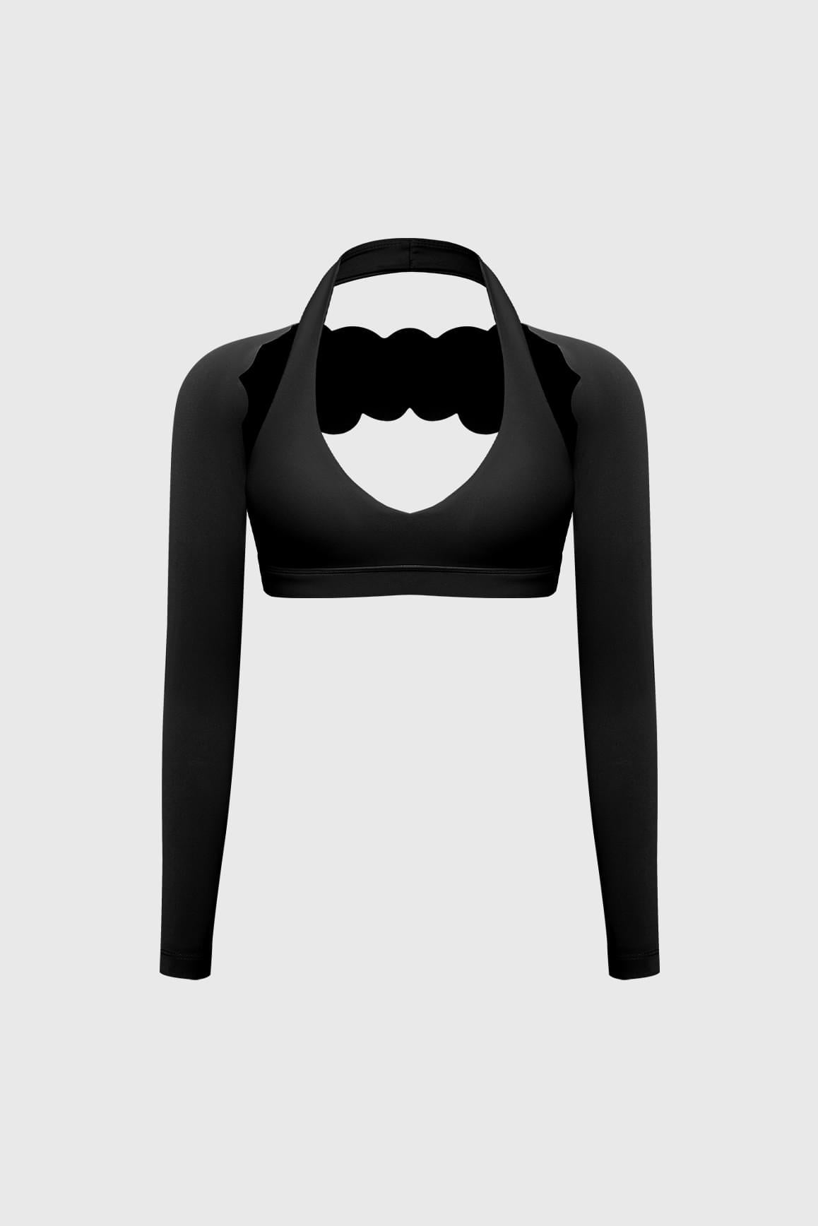 V-Cut Halter Bra & Scalloped Long Sleeve Sports Shrug - WISKIIWS611599blackS