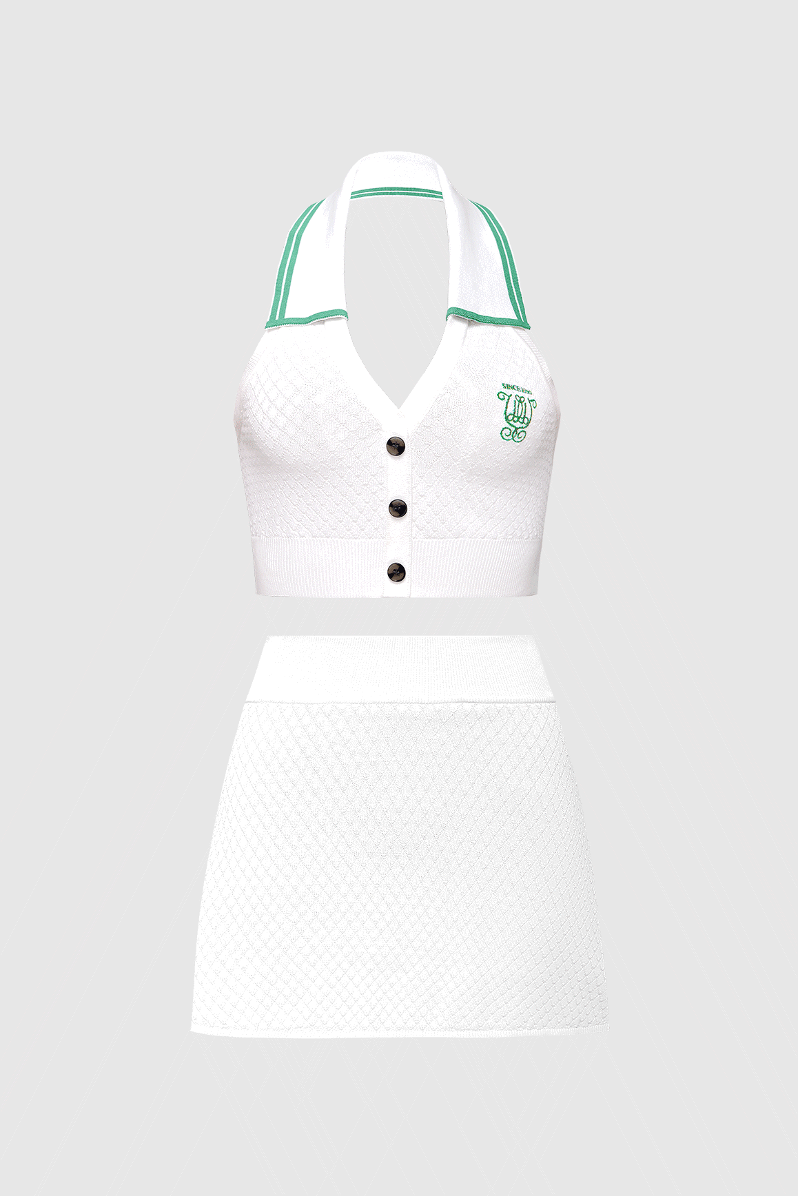 WISKII Riviera Jacquard Knit Polo Tank Top and Skirt bundle, featuring elegant white jacquard knit fabric and stylish design.