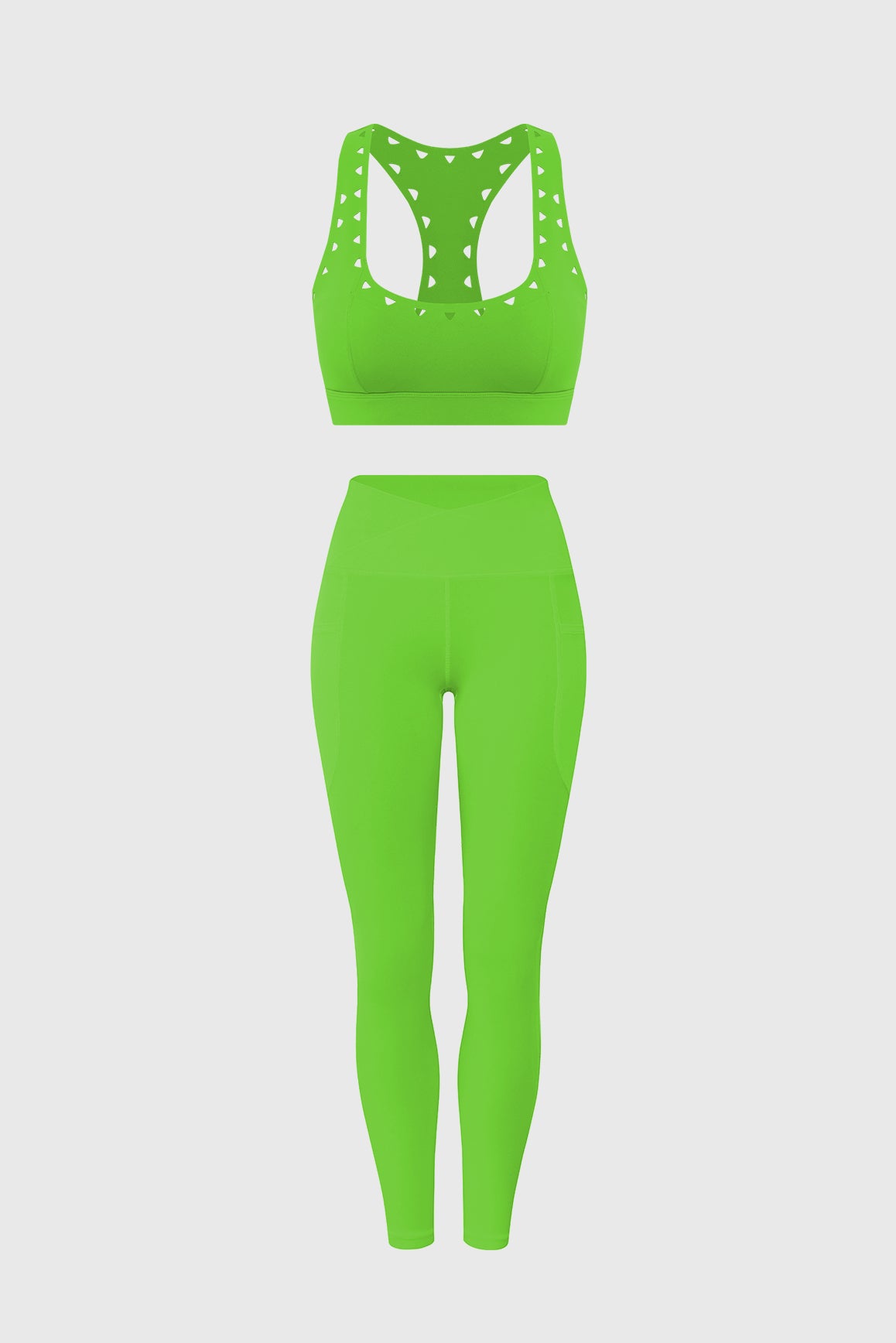 Model wears Racerback Laser Cut Sports Bra + V-Waist Utility Legging | WISKII