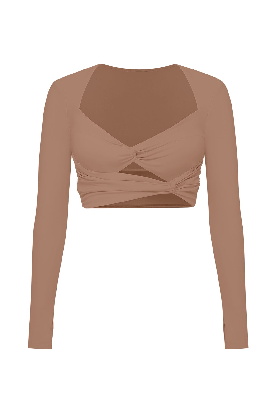 Knotty Chic Ruched Long Sleeve Crop Top | Tuscan Tan | WISKII Active