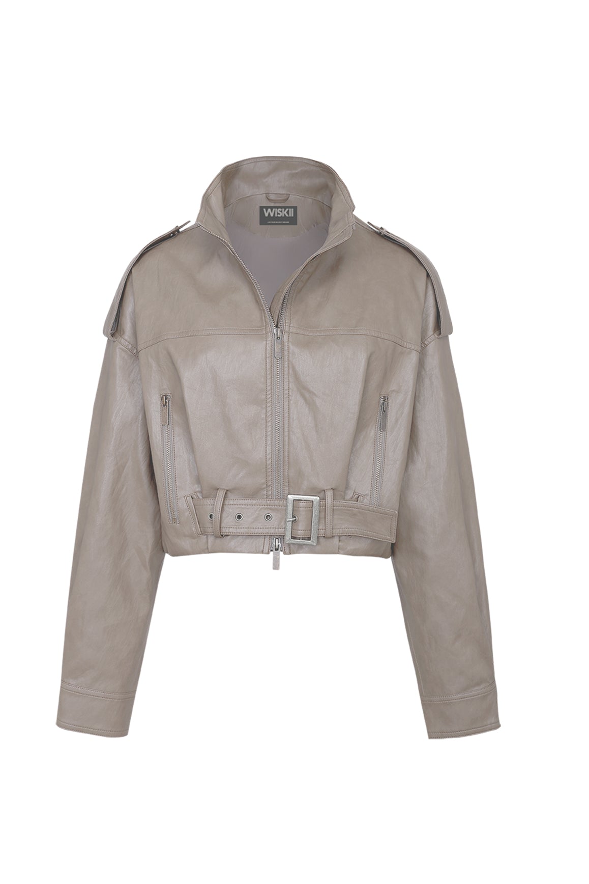 WISKII retro faux leather jacket displayed on a hanger, showcasing its sleek design and hooded detail.