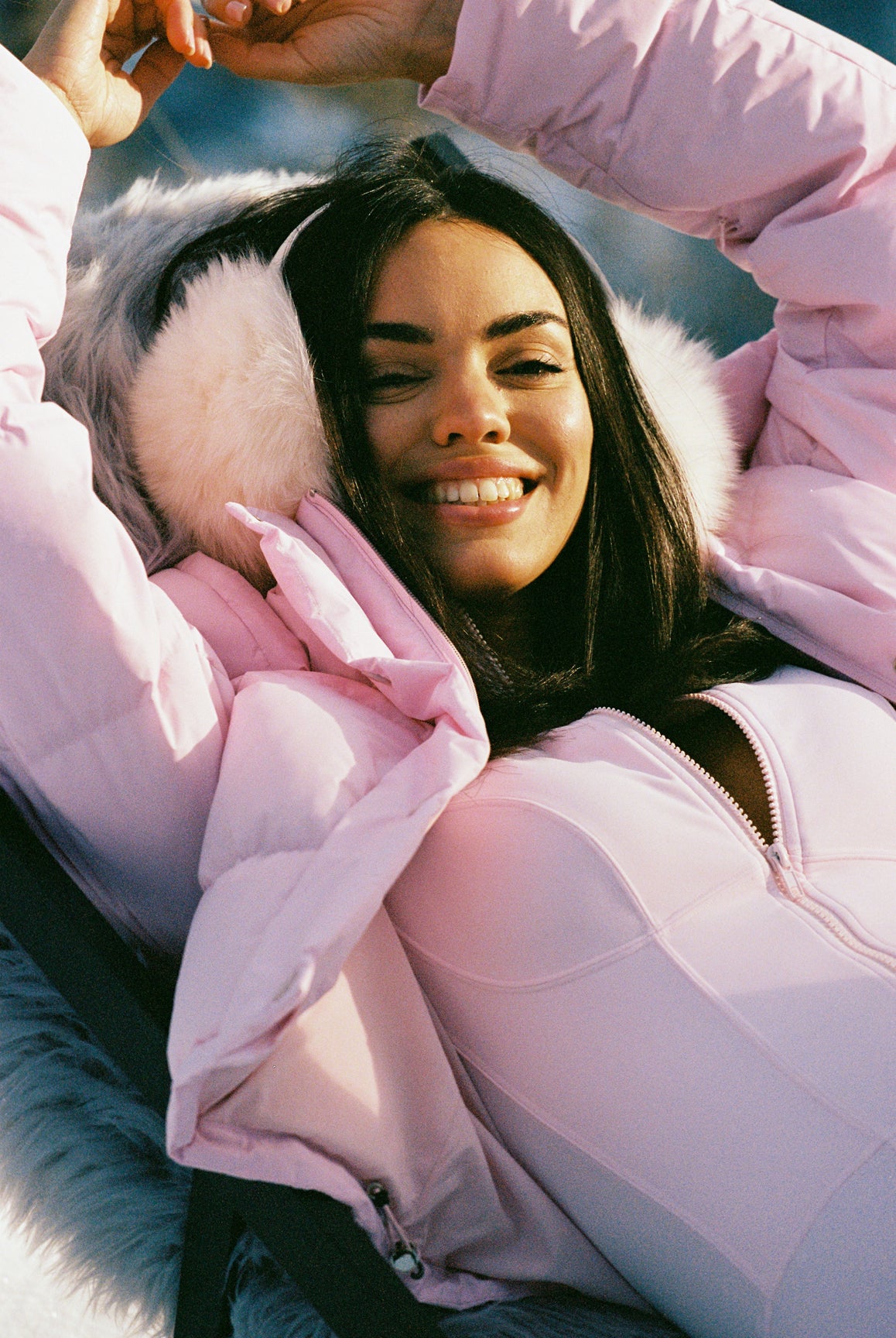 Model wears a Long Sleeve Half-Zip Full Length Jumpsuit | Ballet Blush | WISKII ACTIVE