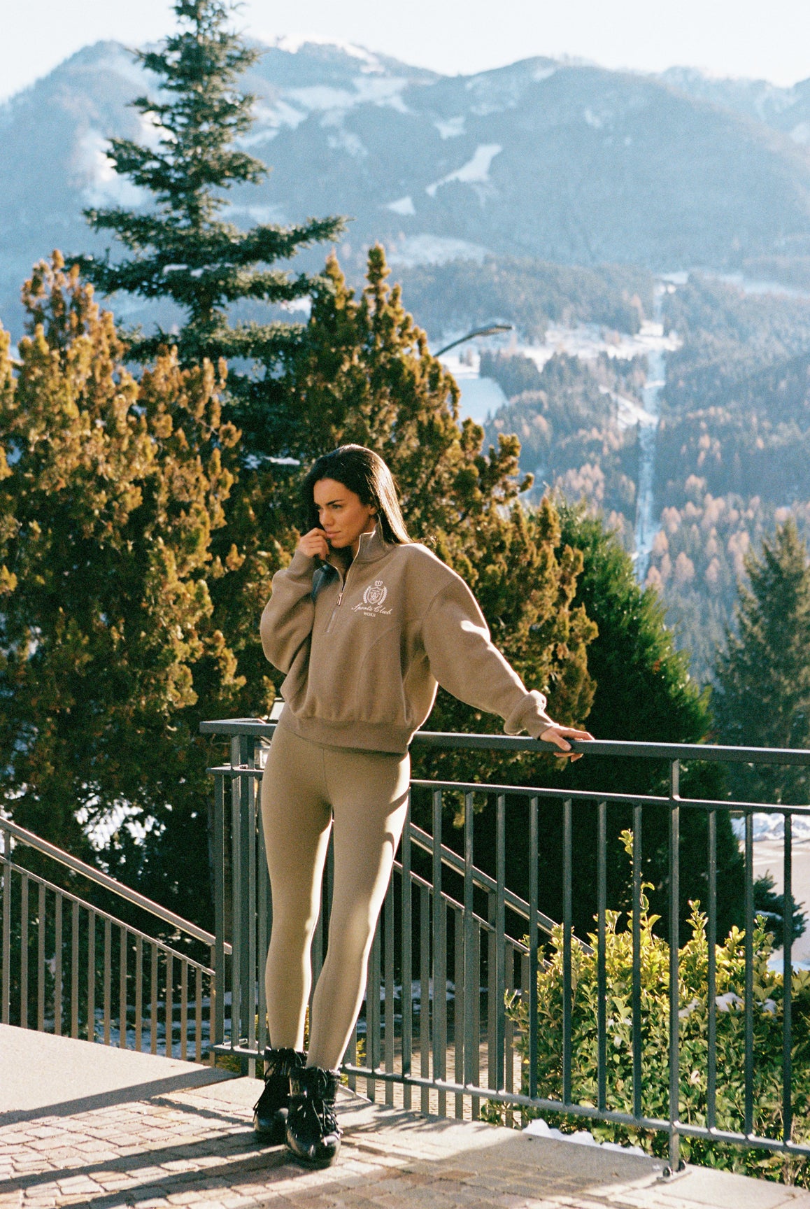 Model wears a WISKII V-Waist Scrunch Legging| Green Leggings | WISKII Active | Color Muted Khaki