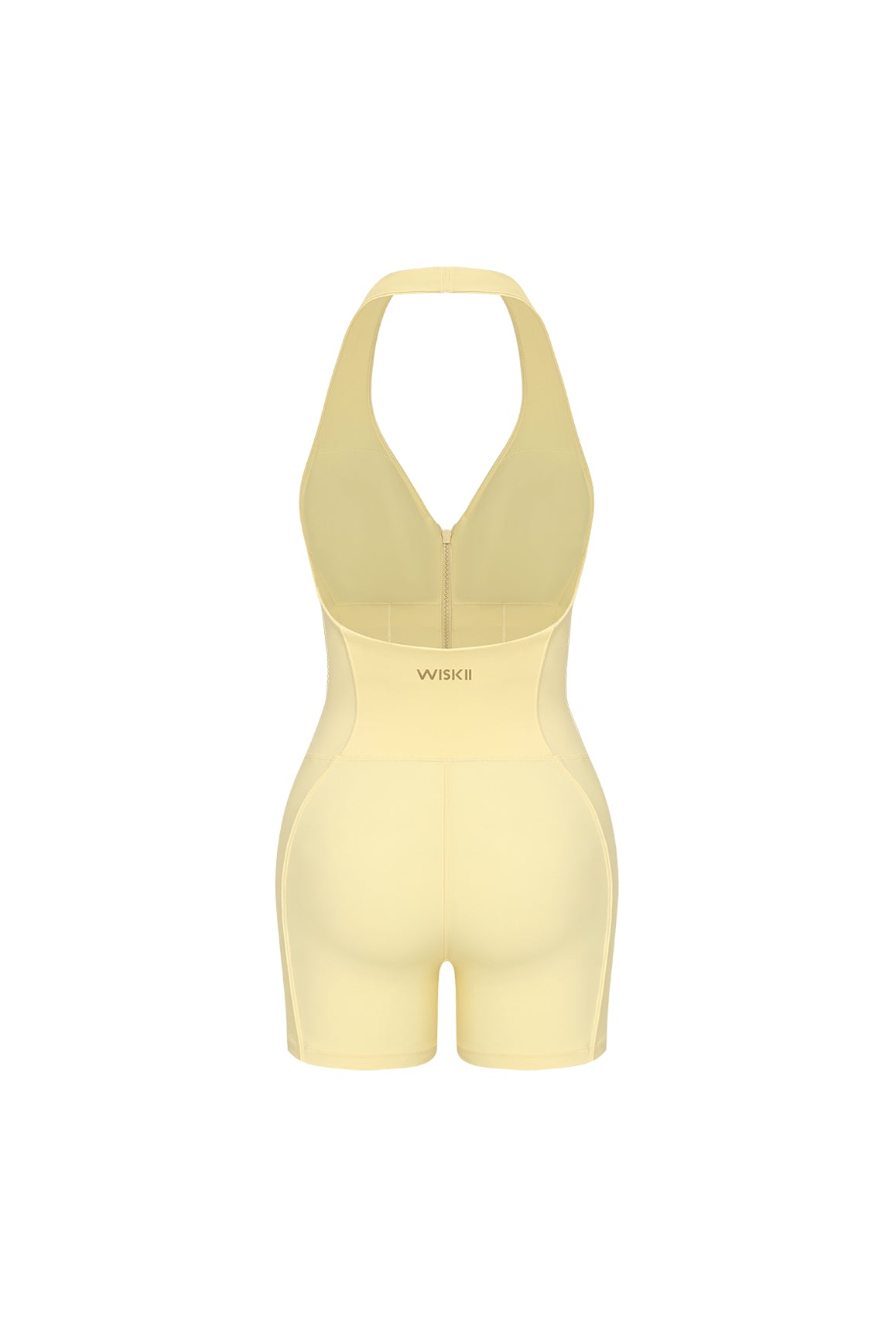 WISKII Riviera Hourglass Zip Front Romper in lemon drop color, stylish jumpsuit with front zipper and hourglass fit.