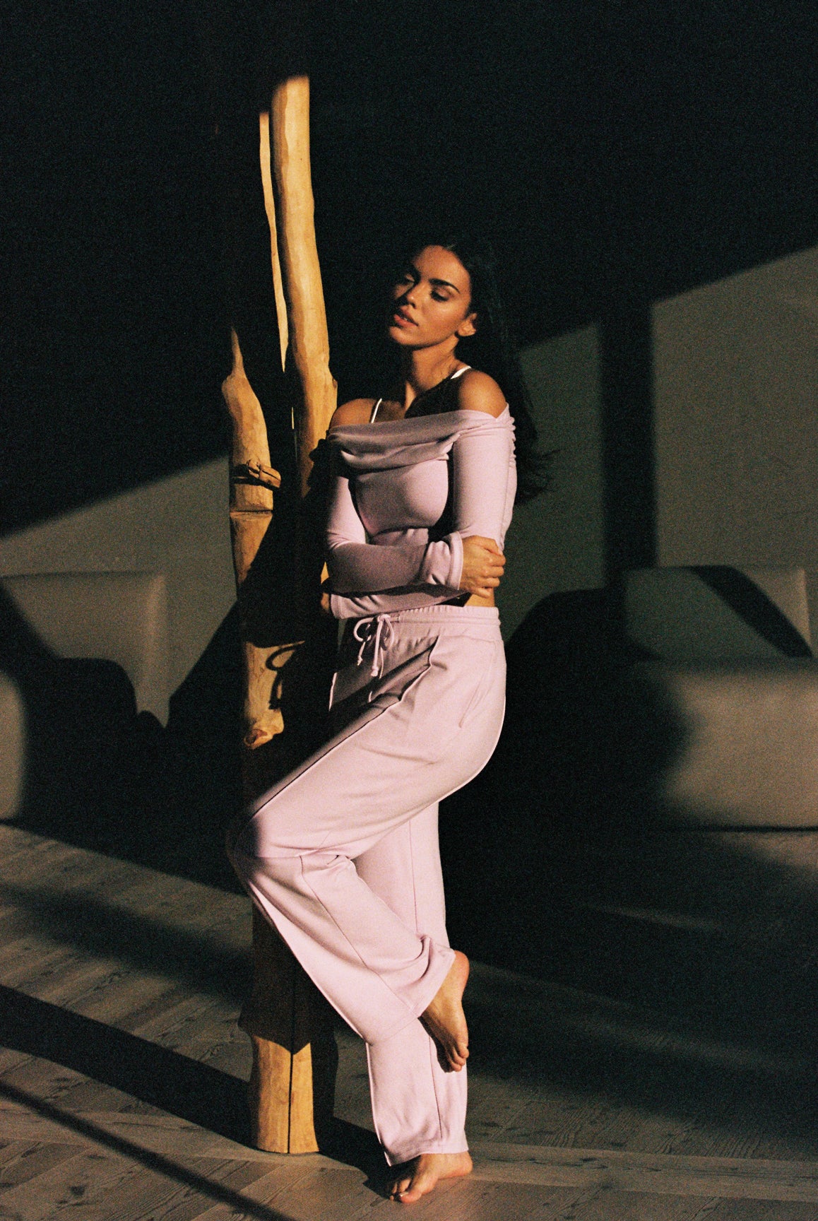 WISKII Serene wide-leg pants in sakura pink, high-waist lounge pants with a relaxed fit and flowing silhouette.