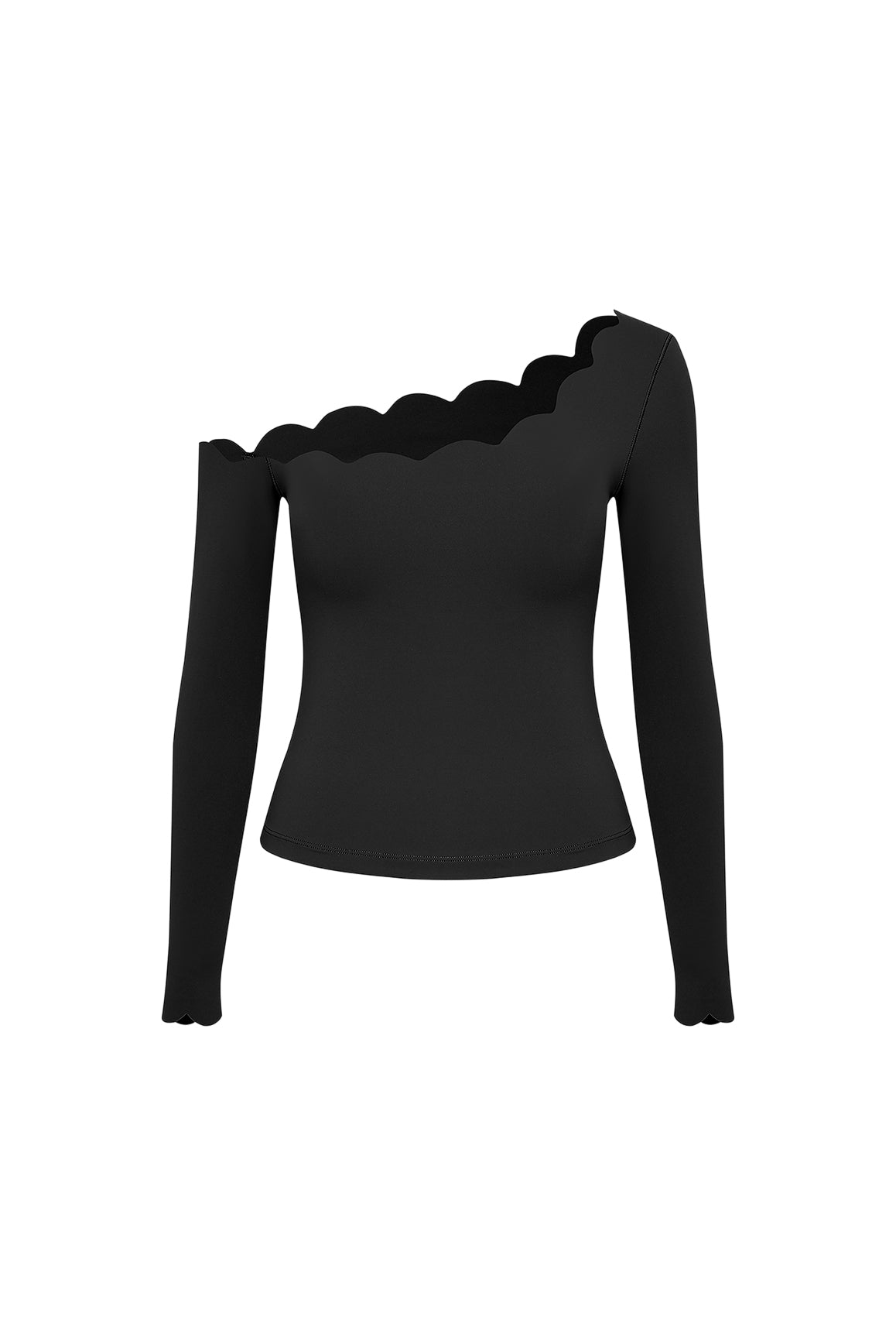 One-shoulder Scallop Long Sleeve Top | Black Tops | WISKII Active