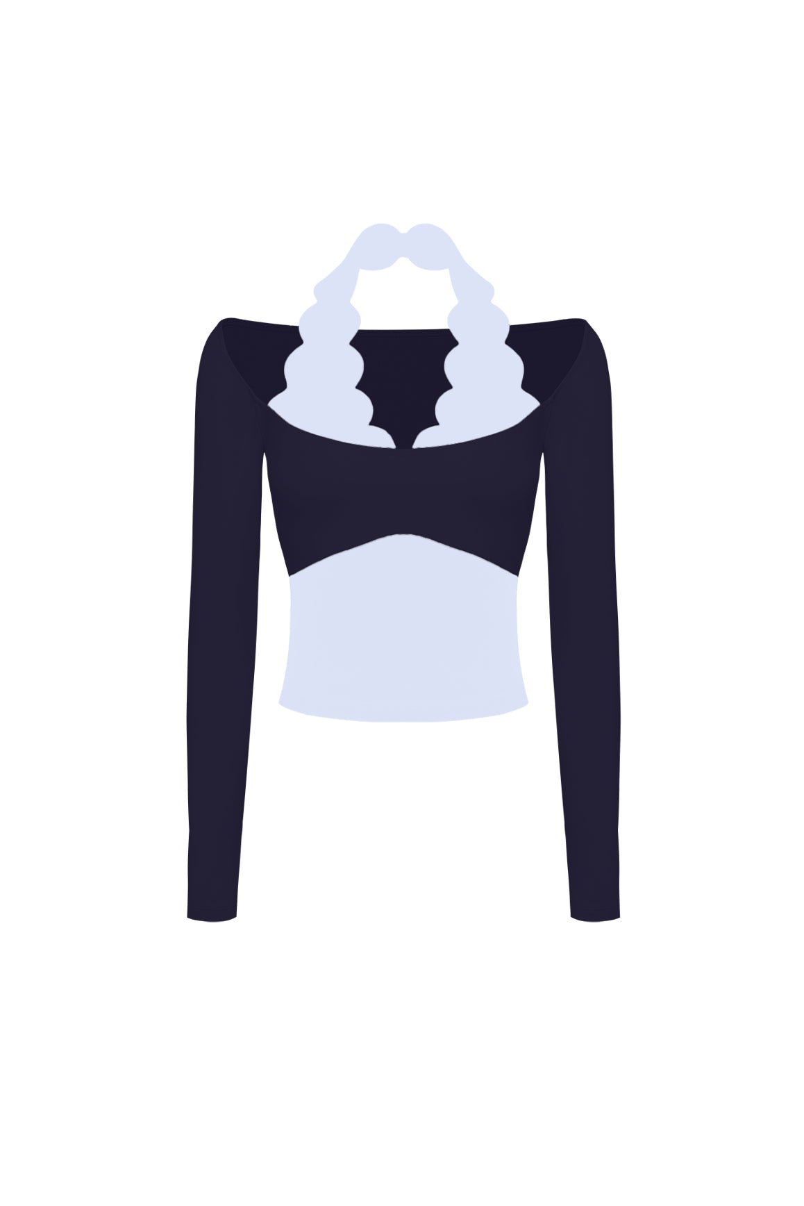 WISKII long sleeve scallop colorblock top in midnight blue, featuring a stylish design and soft fabric.