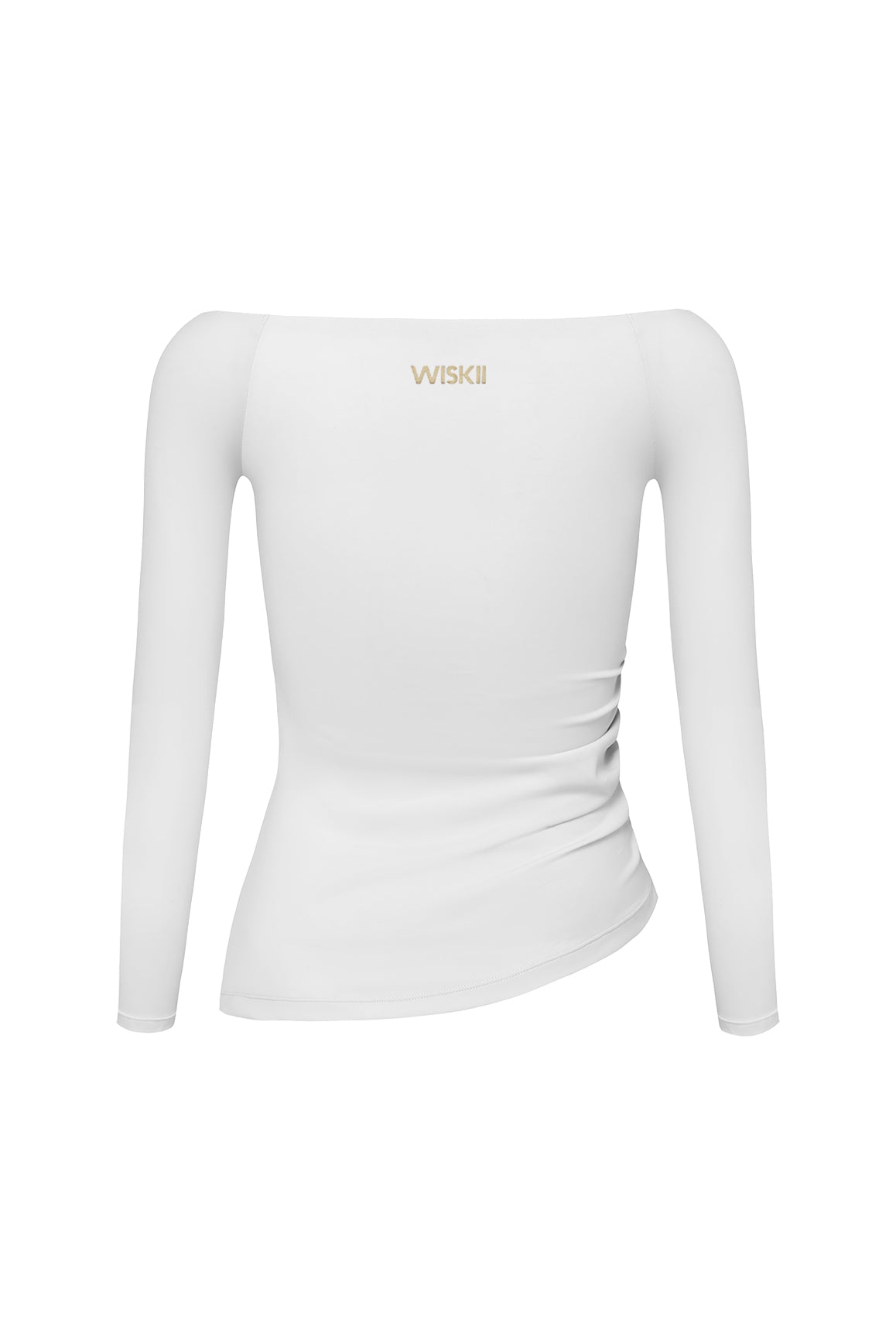 Model wears a Long Sleeve Ruched Off-Shoulder Top | WISKII ACTIVE | ivory