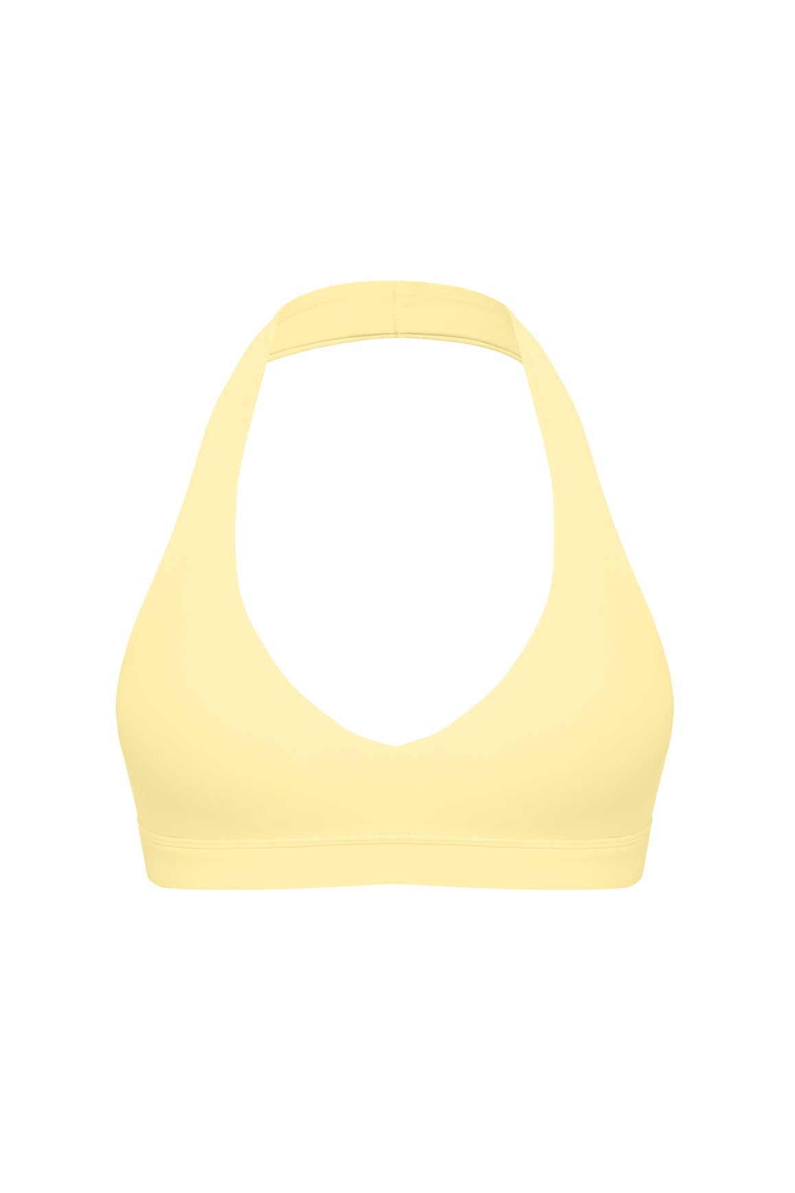WISKII V-Cut Halter Sports Bra in lemon drop color, featuring a stylish design and supportive fit.