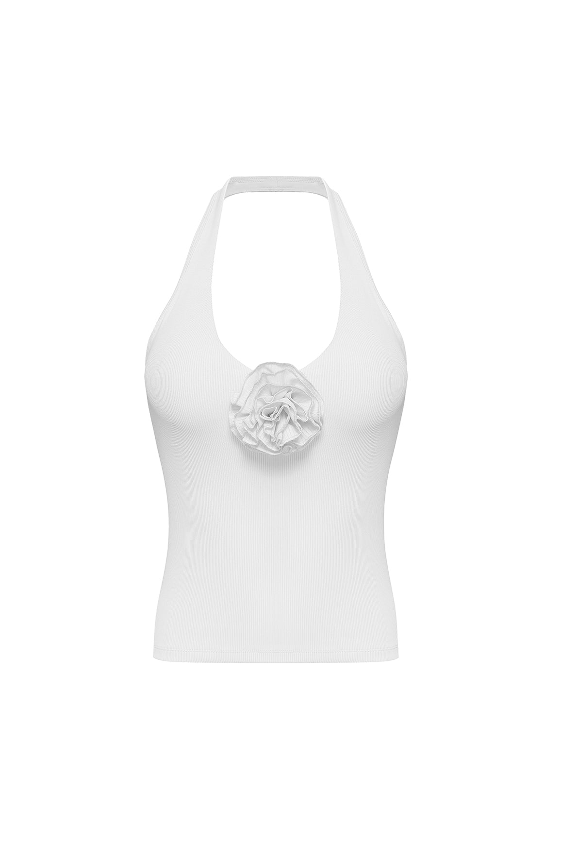 Halter-neck floral tank top in ivory by WISKII, featuring a delicate floral print and stylish design.