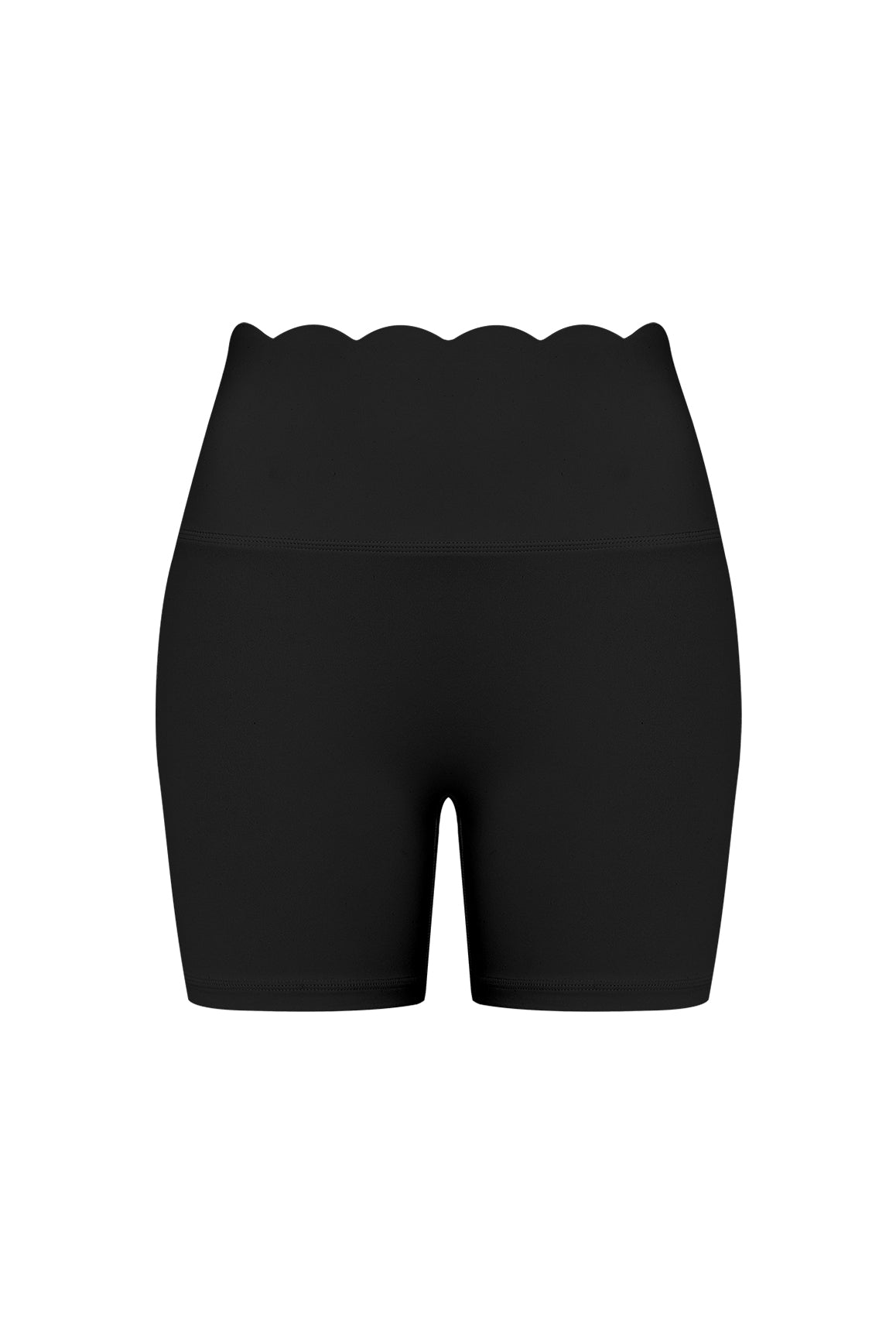 WISKII high-waist scallop scrunch shorts in black, featuring a stylish scalloped hem and a comfortable fit.