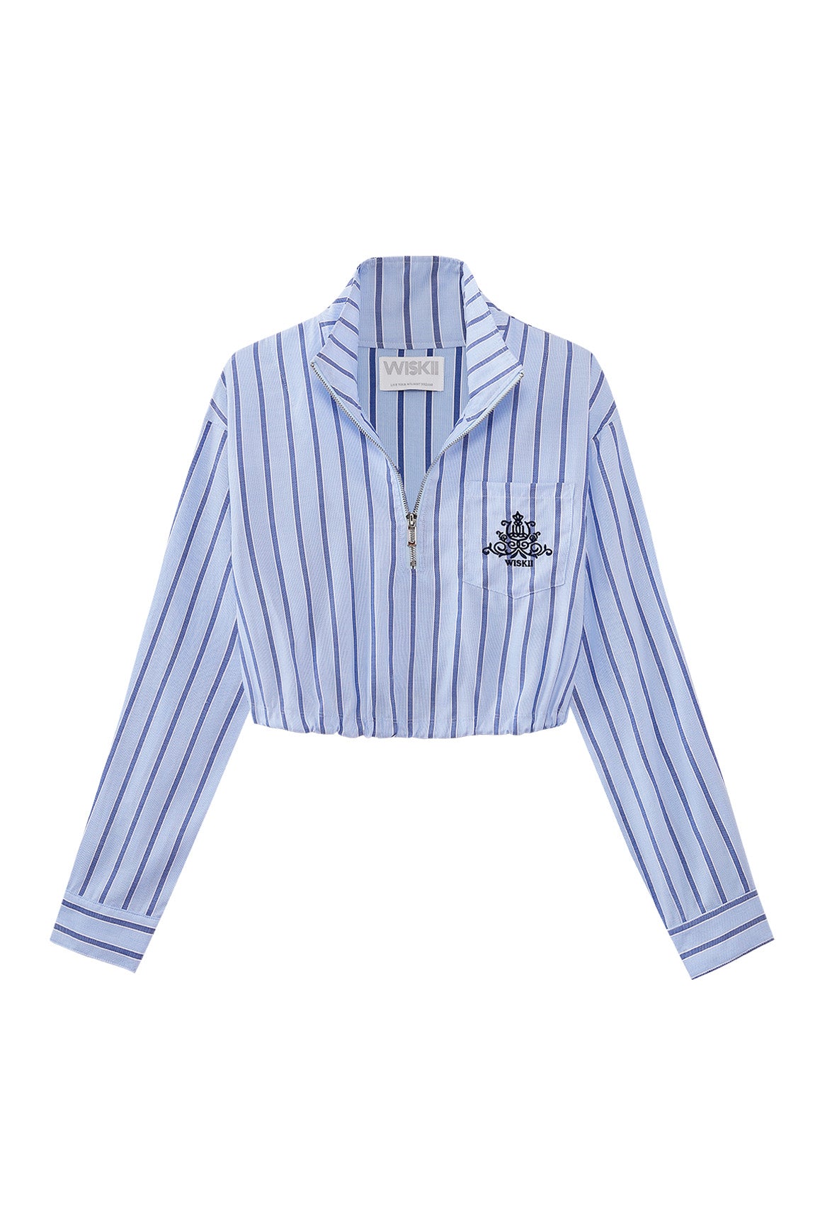 WISKII stripe half-zip crop shirt with long sleeves and fitted style, showcasing a modern casual top perfect for everyday wear