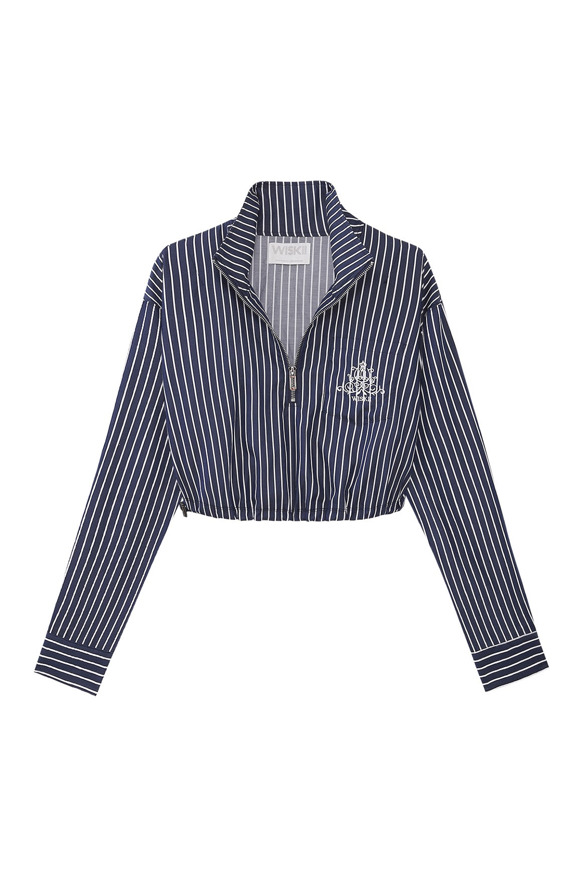 WISKII Stripe Half-Zip Crop Shirt featuring a stylish half-zip front and horizontal stripe pattern, casual top for trendy outfits.