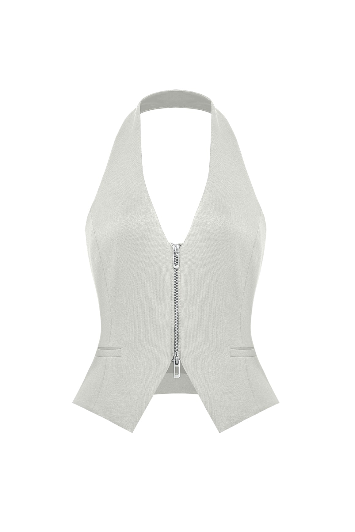 WISKII Mere Dual-Zip Halter Vest displayed on model, featuring a stylish vest with dual zippers and halter neckline.