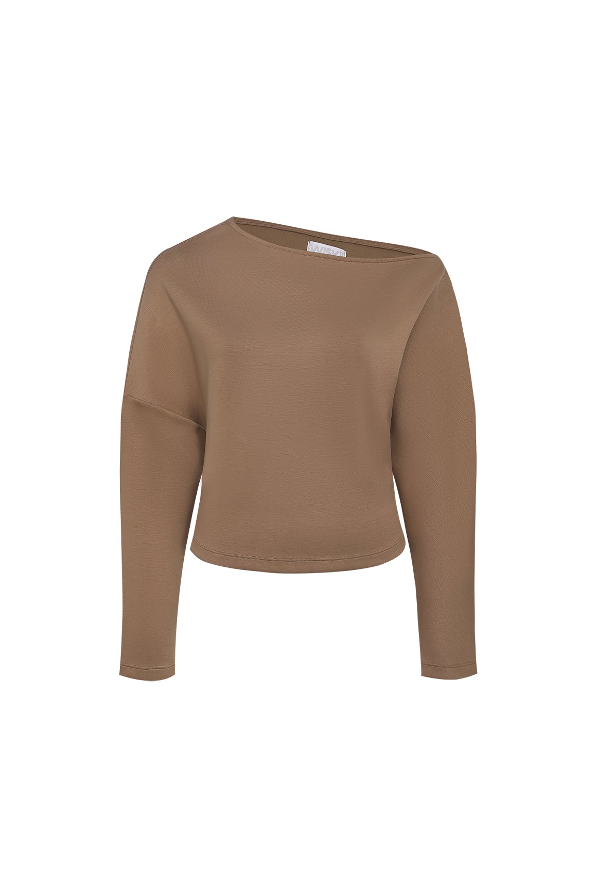 WISKII Vivid Asymmetric Long Sleeve Top in tan color, stylish and modern long sleeve shirt with unique asymmetrical design.
