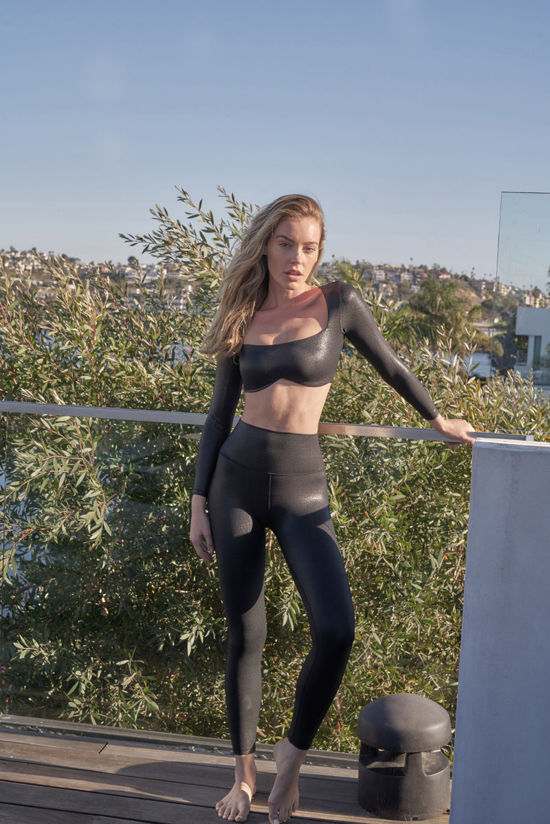 Model wears WISKII Faux Leather High-waist Training Legging