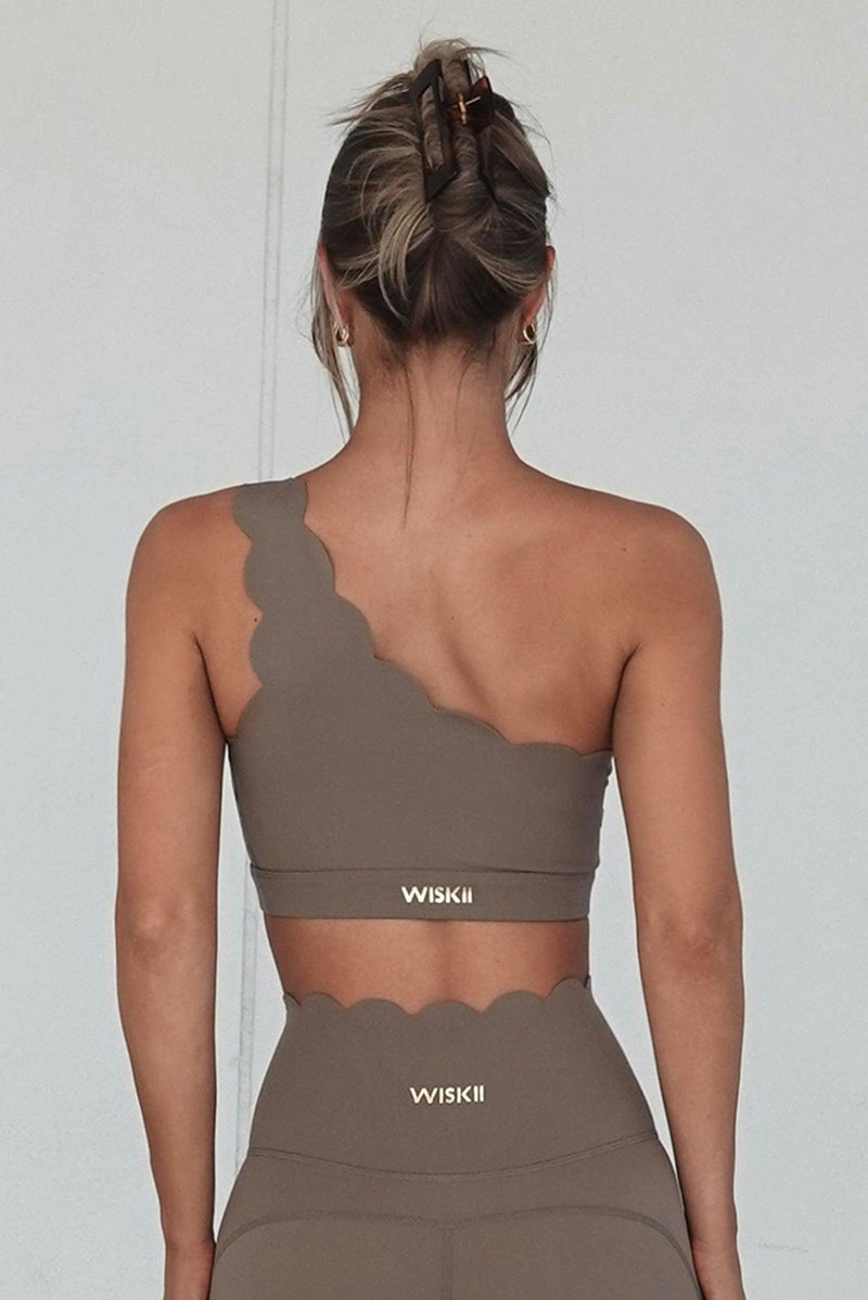 Dynamic One Shoulder Sports Bra in Almond Butter color