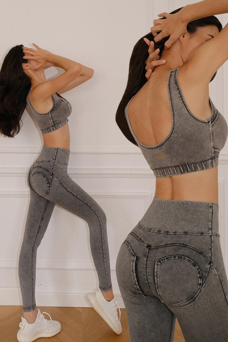 WISKII Buttonhook Beyond Sports Bra in denim, featuring adjustable straps and breathable fabric for active wear.